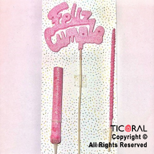 ADORNO DE TORTA SET FELIZ CUMPLE CON BENGALA Y VELA GIBRE ROSA x 1